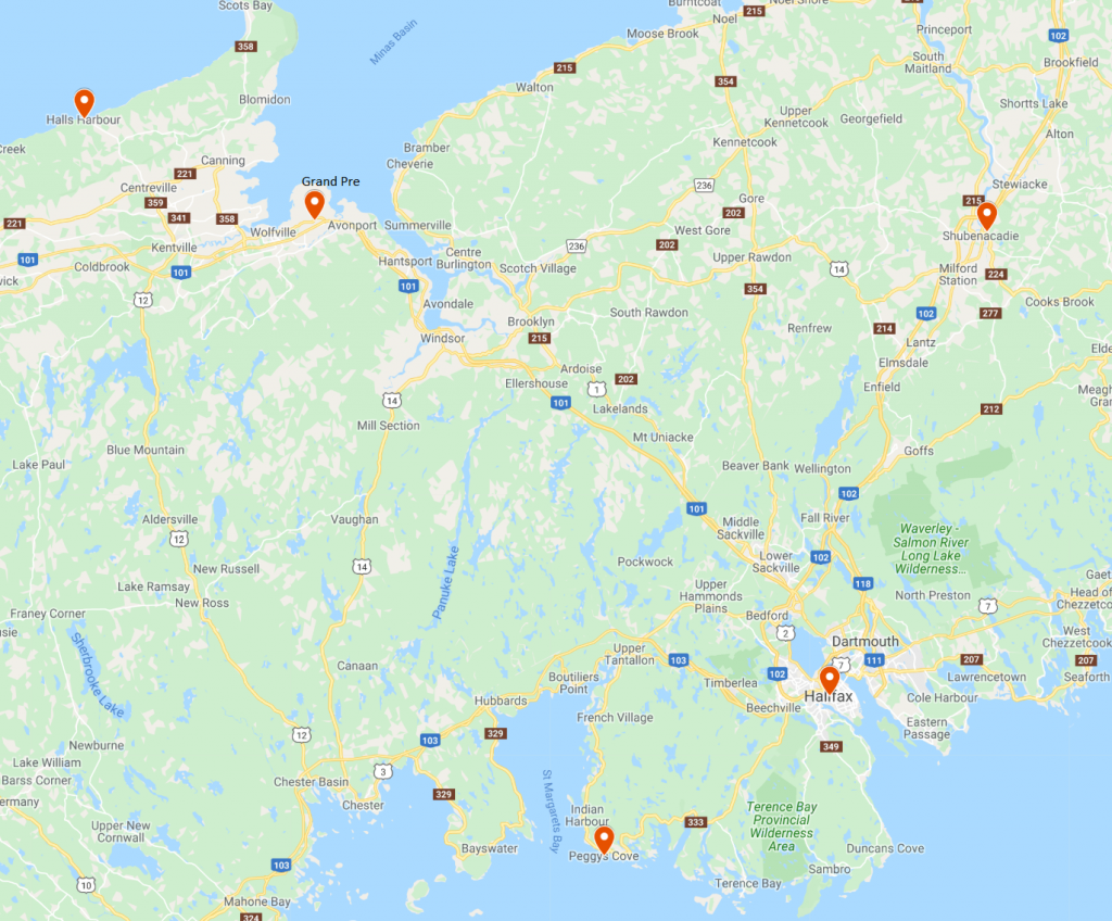 Map of sites visited in Nova Scotia